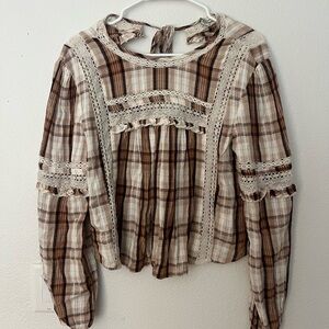 American Eagle Outfitters Brown Plaid Lace Top